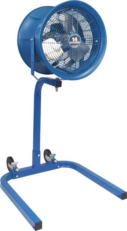 Blue 14-inch industrial drum fan on adjustable stand for warehouse or commercial cooling