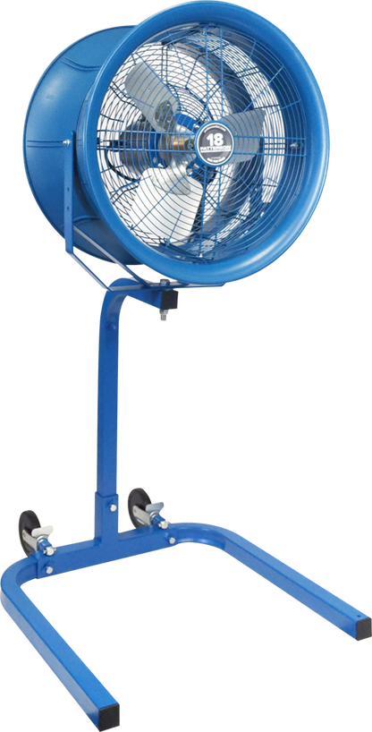 Blue 18-inch industrial drum fan on adjustable stand for warehouse or commercial cooling