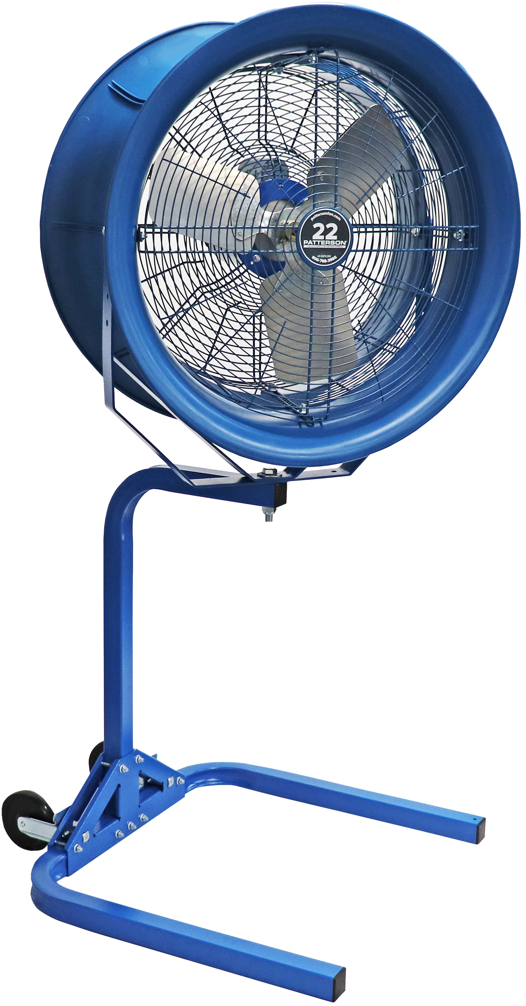 Blue 22-inch industrial drum fan on adjustable stand for warehouse or commercial cooling