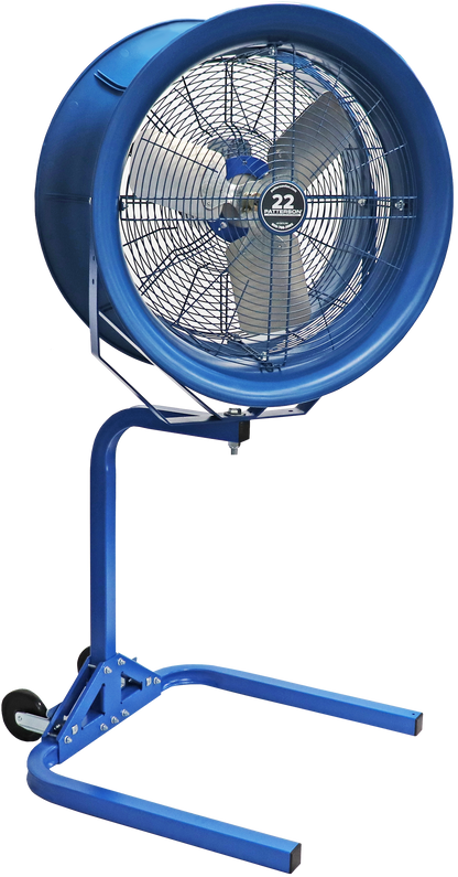 Blue 22-inch industrial drum fan on adjustable stand for warehouse or commercial cooling