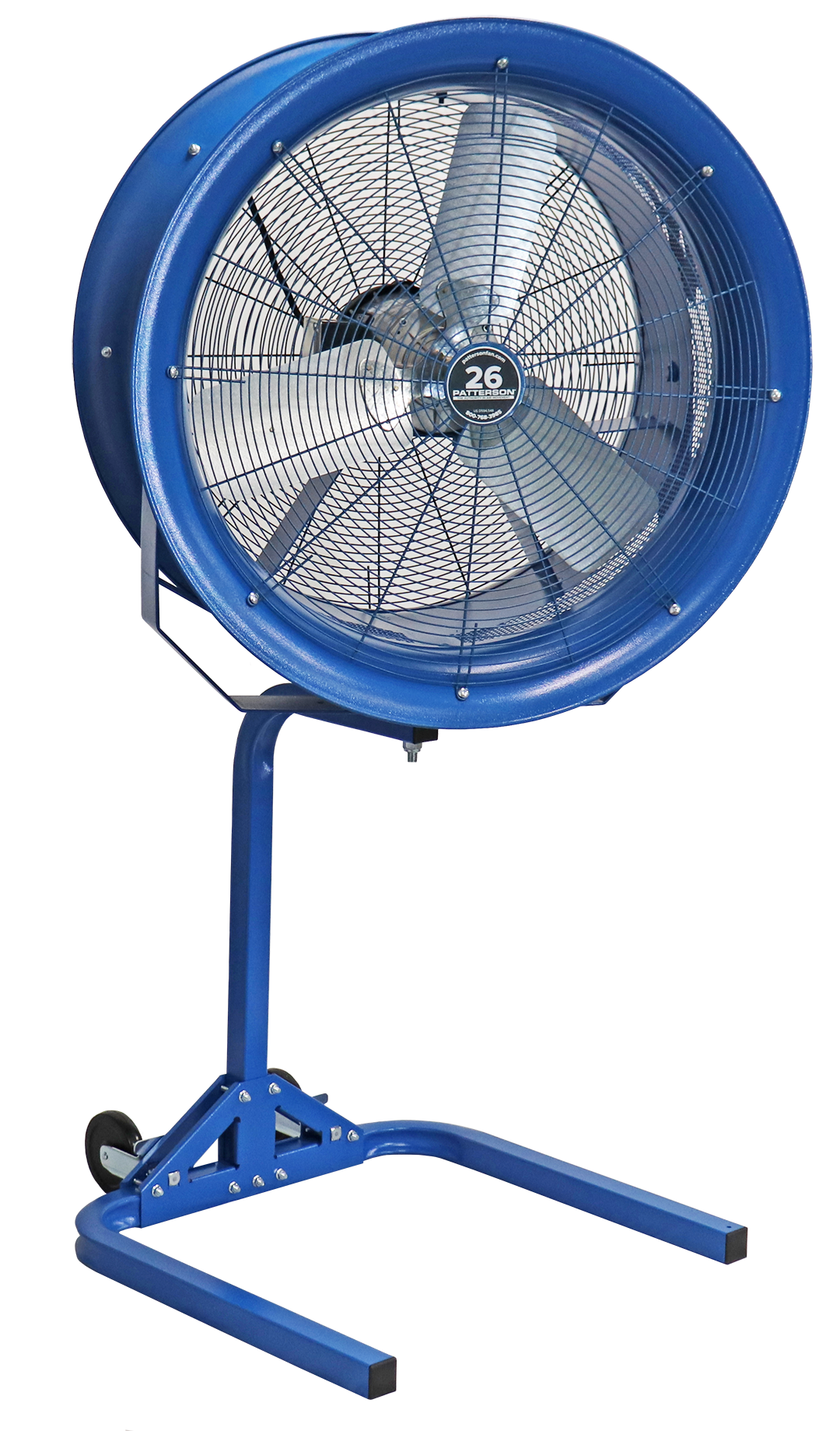Blue 26-inch industrial drum fan on adjustable stand for warehouse or commercial cooling