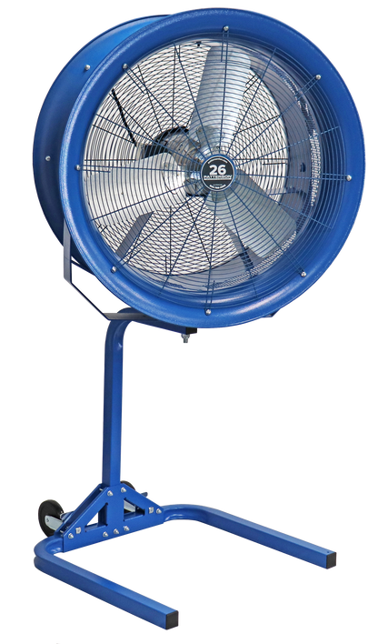 Blue 26-inch industrial drum fan on adjustable stand for warehouse or commercial cooling