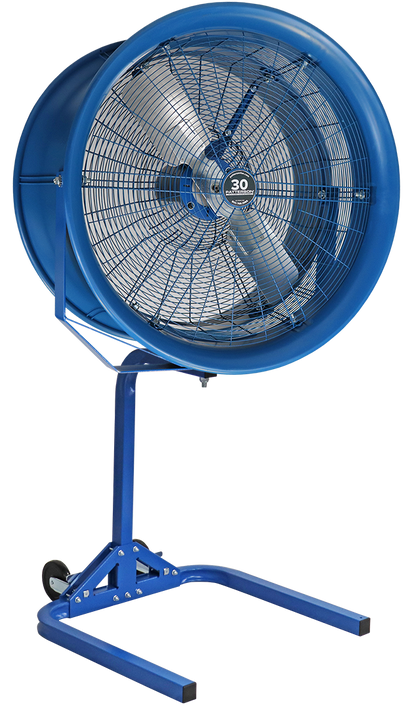 Blue 30-inch industrial drum fan on adjustable stand for warehouse or commercial cooling