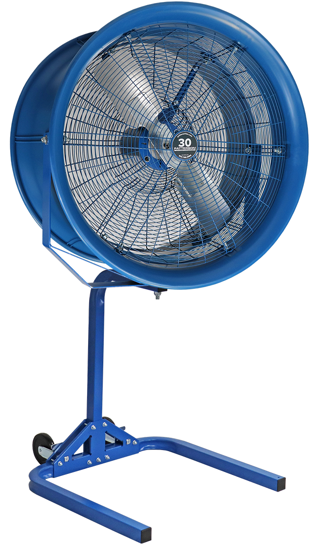 Blue 30-inch industrial drum fan on adjustable stand for warehouse or commercial cooling