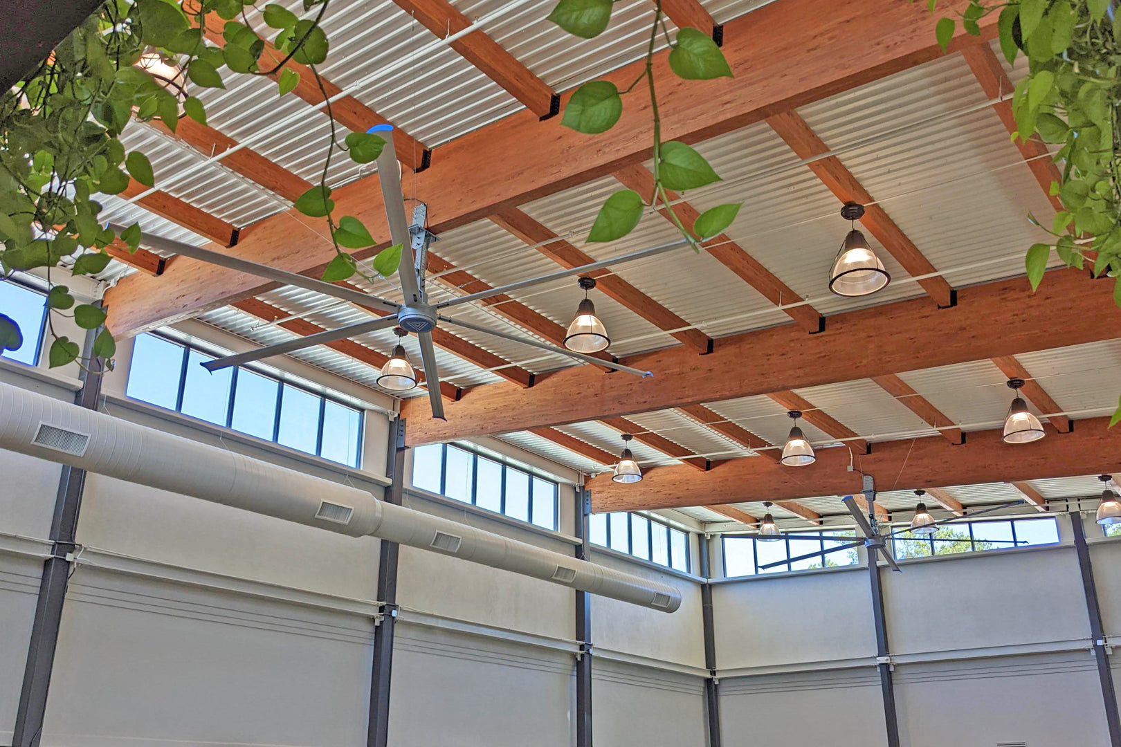 HVLS industrial ceiling fan installed in a modern commercial space with exposed wood beams