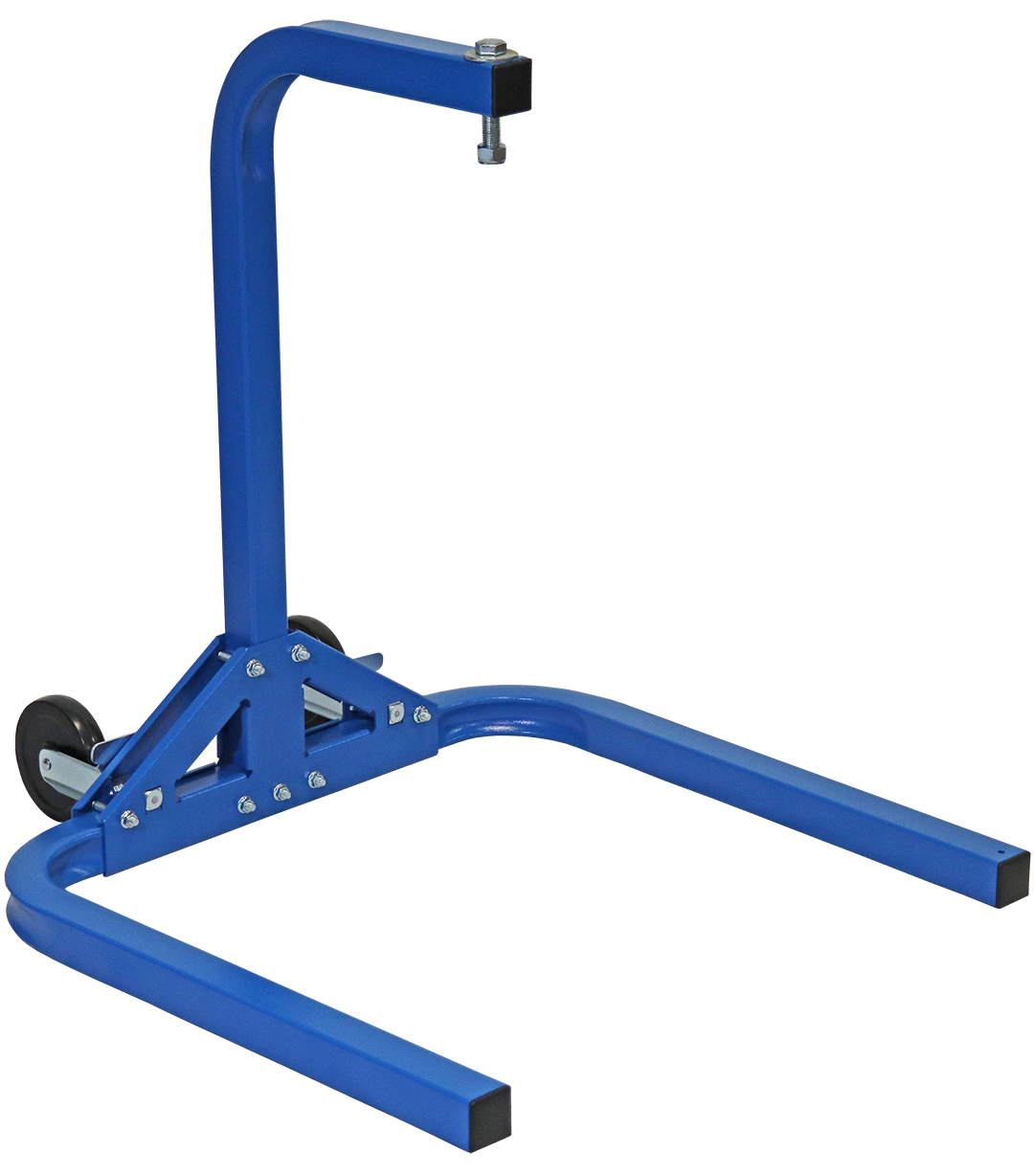 Blue metal support frame with U-shaped base, vertical arm and swivel caster.