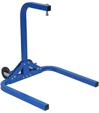Blue metal support frame with U-shaped base, vertical arm and swivel caster.
