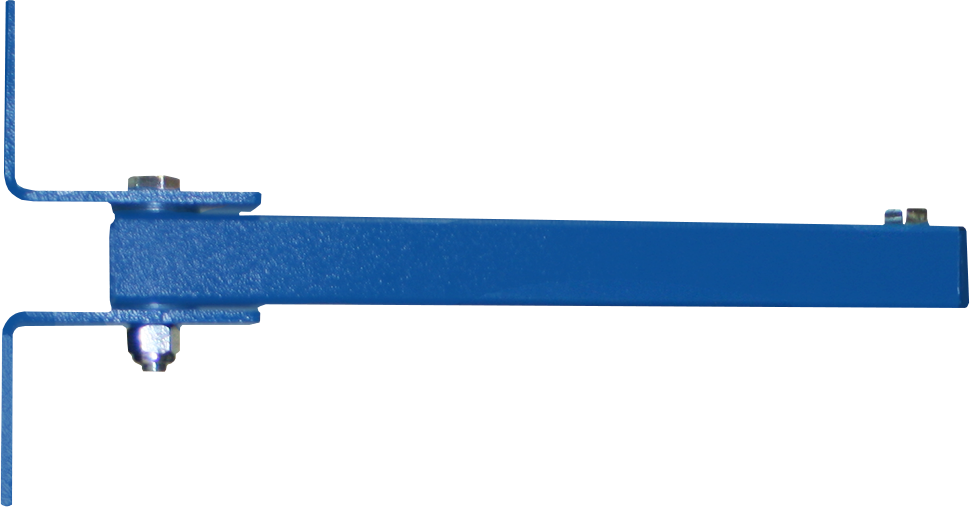 Blue metal mounting bracket with right-angle tabs and bolts on each end.