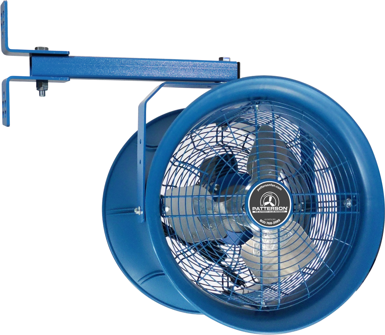 Blue industrial circulation fan with mounting bracket, featuring protective grille and metal blades