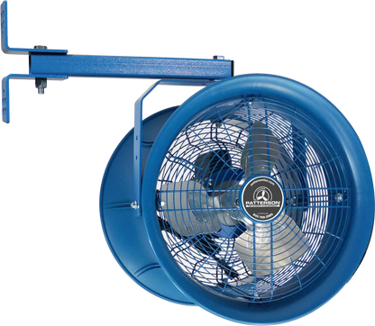 Blue industrial circulation fan with mounting bracket, featuring protective grille and metal blades
