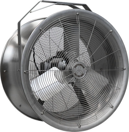 A stainless steel high-velocity industrial fan with a cylindrical shape and a guard around the blades.