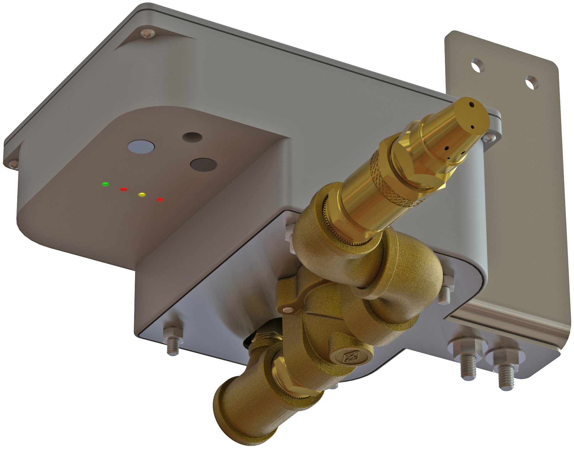 An evaporative truck cooler unit with a gray body and yellow components, mounted on a vehicle