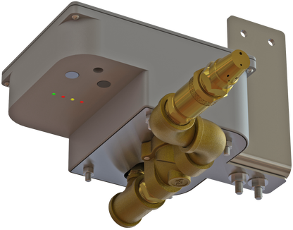 An evaporative truck cooler unit with a gray body and yellow components, mounted on a vehicle