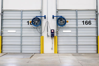 Two Patterson industrial docks fans mounted above warehouse loading bay doors