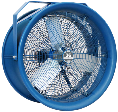 A blue high-velocity industrial fan with metal blades and protective grills.