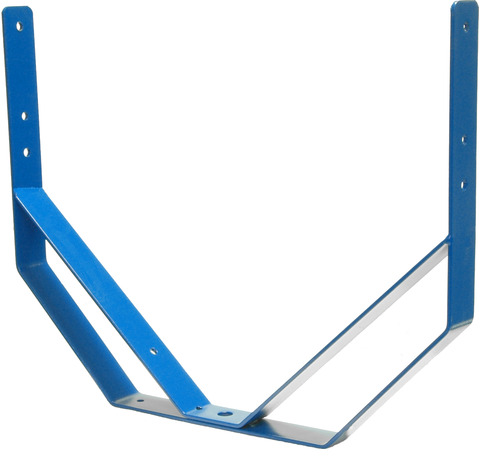 Blue metal angles support bracket with vertical mounting plates and diagonal reinforcement arms.