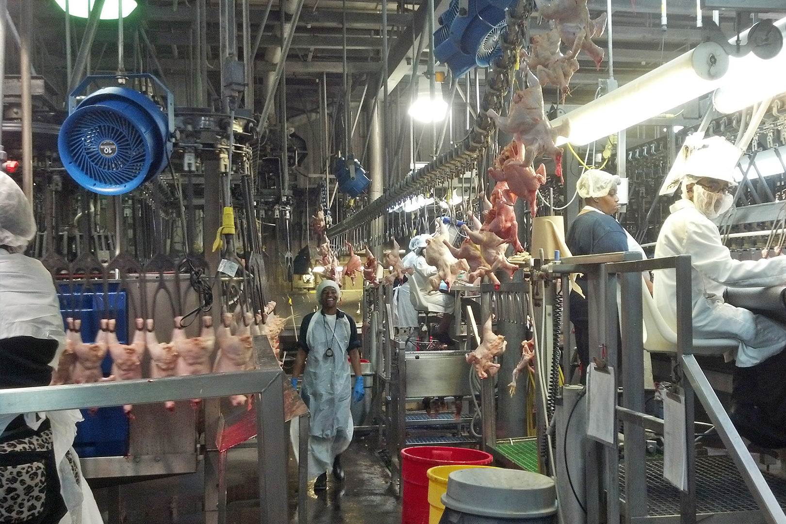 Poultry processing line with workers on an assembly station and high-velocity Patterson fans providing ventilation overhead
