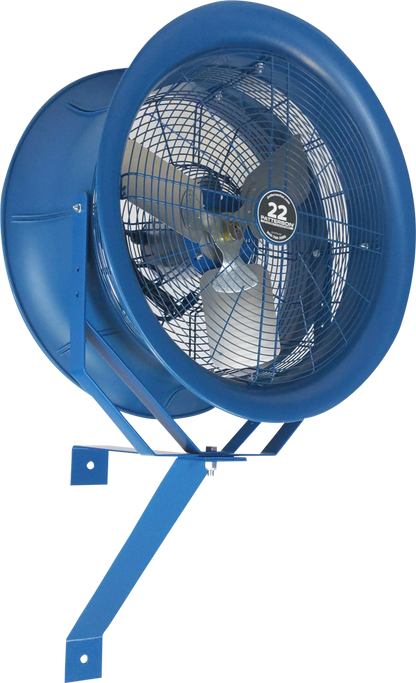 Blue 22-inch industrial drum fan with wall-mount bracket for warehouse cooling