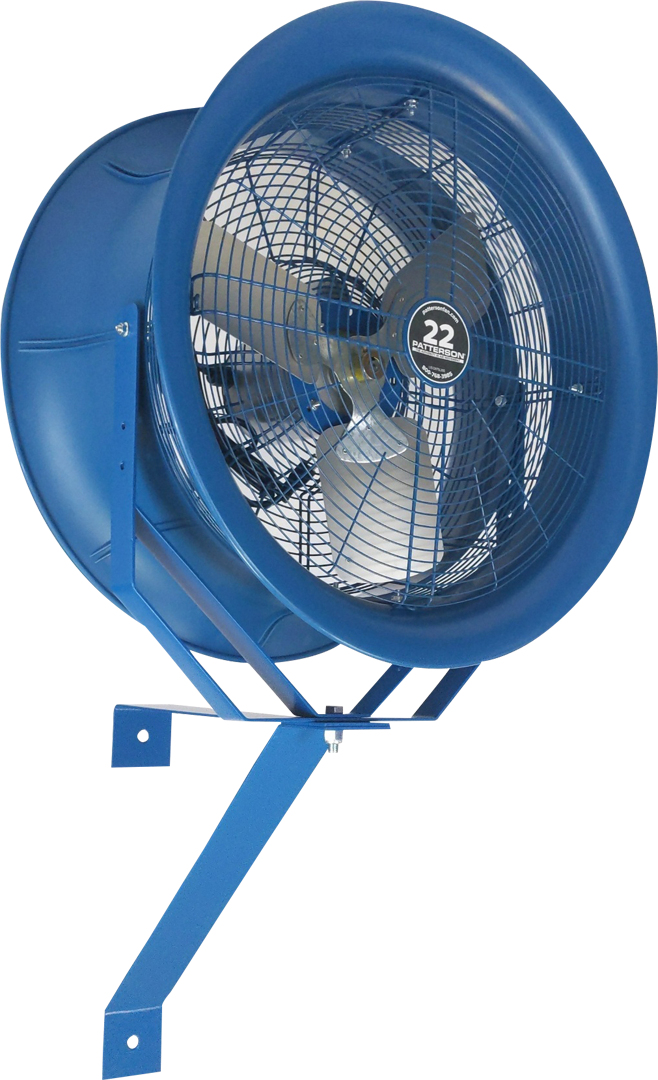 Blue 22-inch industrial drum fan with wall-mount bracket for warehouse cooling