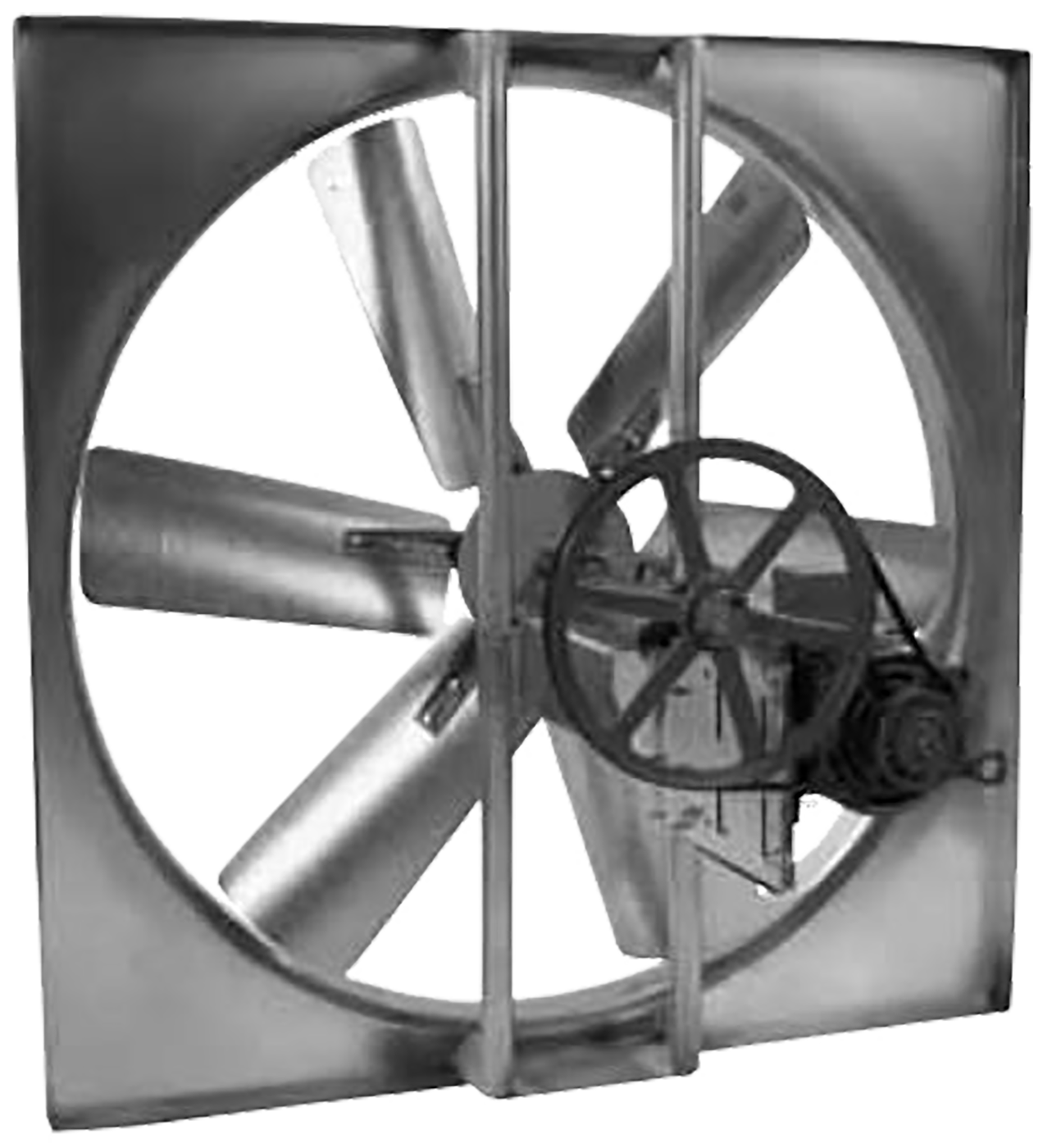 Metal industrial axial fan assembly with exposed motor and belt drive on transparent background